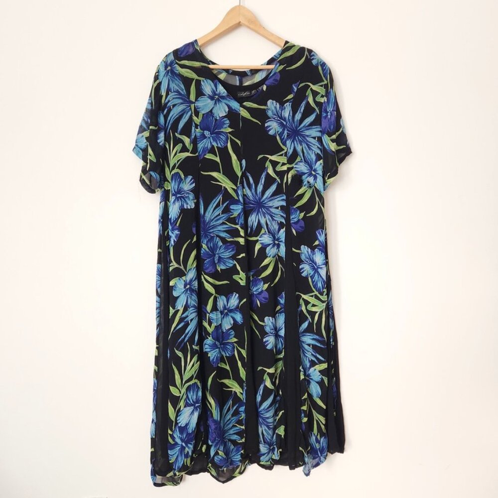 Vintage 90s Black Floral Midi Dress Crinkle Fairy Grunge Blue Lola P Medium - Picture 16 of 16